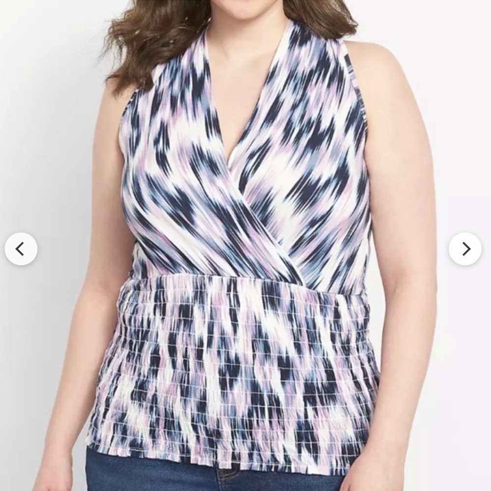 Lane Bryant Sleeveless Double V-Neck Smocked Body Knit Top Abstract Print 22/24